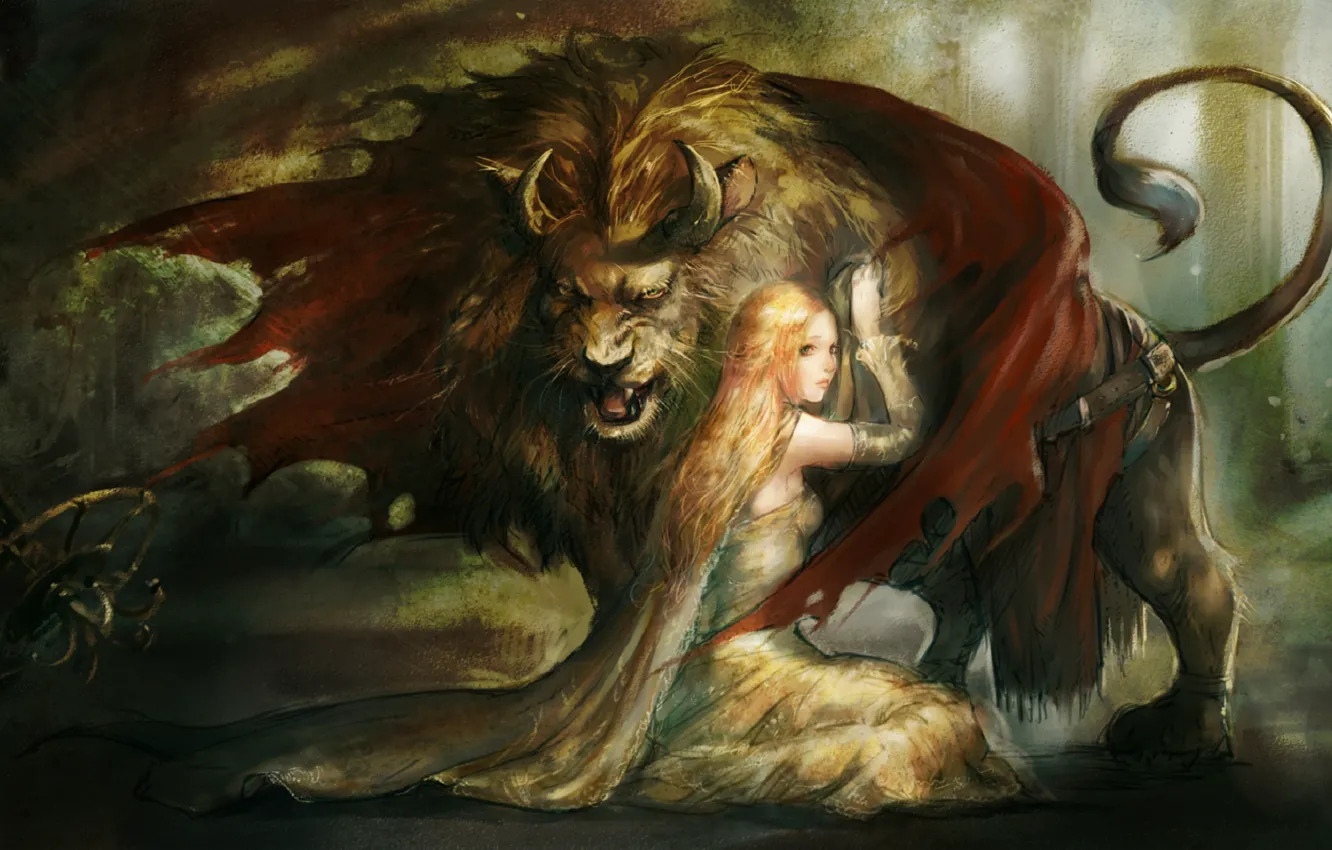 Фото обои лес, девушка, рисунок, монстр, лев, рога, плащ