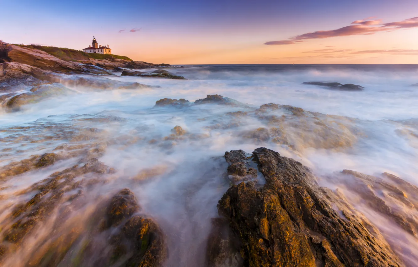 Фото обои камни, океан, берег, маяк, утро