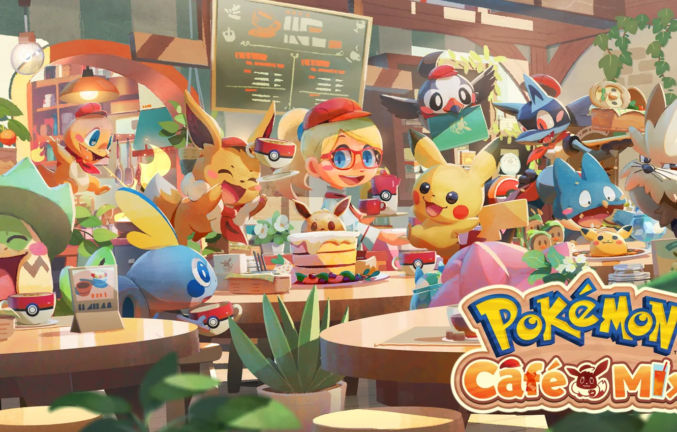 Фото обои покемон, pikachu, Charmander, Lucario, Sobble, Rowlet, Pokémon Café Mix, Eevee