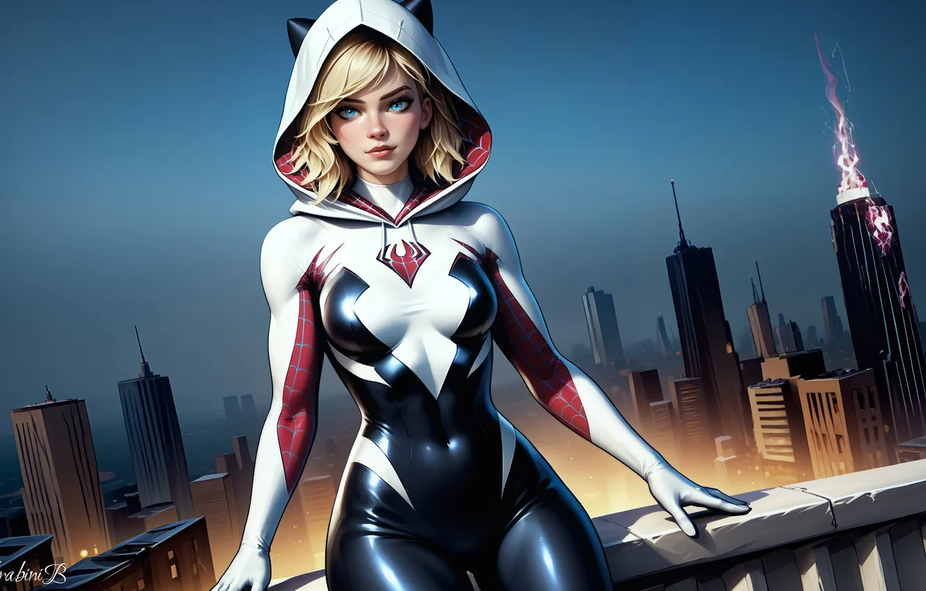 Фото обои девушка, city, blue eyes, blonde, Spider-Man, Gwen Stacy, hips, Spider Gwen