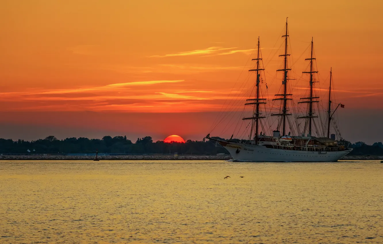 Фото обои закат, парусник, Италия, Italy, Venetian Lagoon, Венецианская лагуна