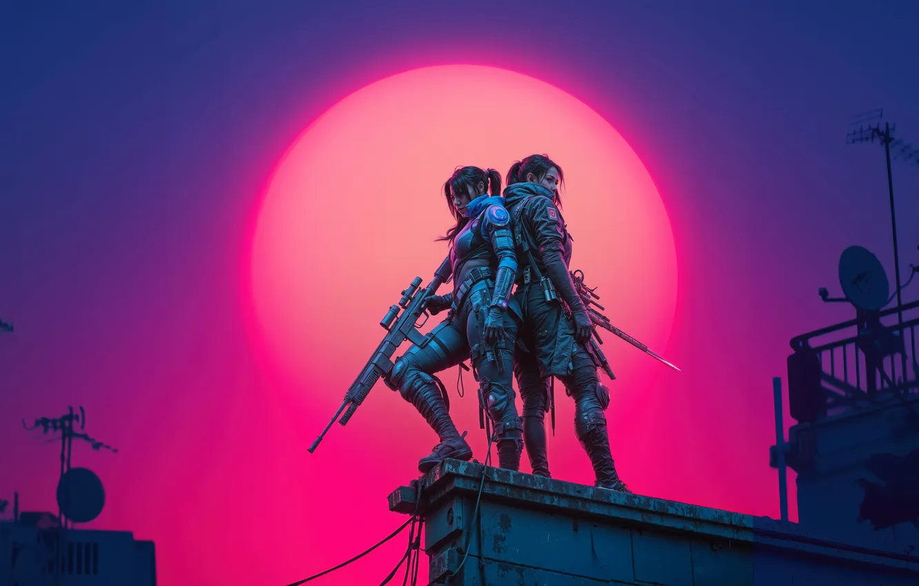 Фото обои cyberpunk, women, assassins, girls with guns, illustration, sniper rifle, standing, rooftops