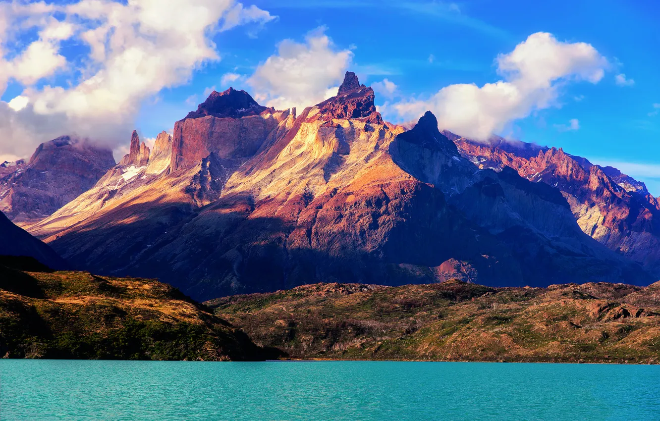 Фото обои небо, облака, горы, Чили, Южная Америка, Национальный парк Торрес-дель-Пайне, Lake Pehoé