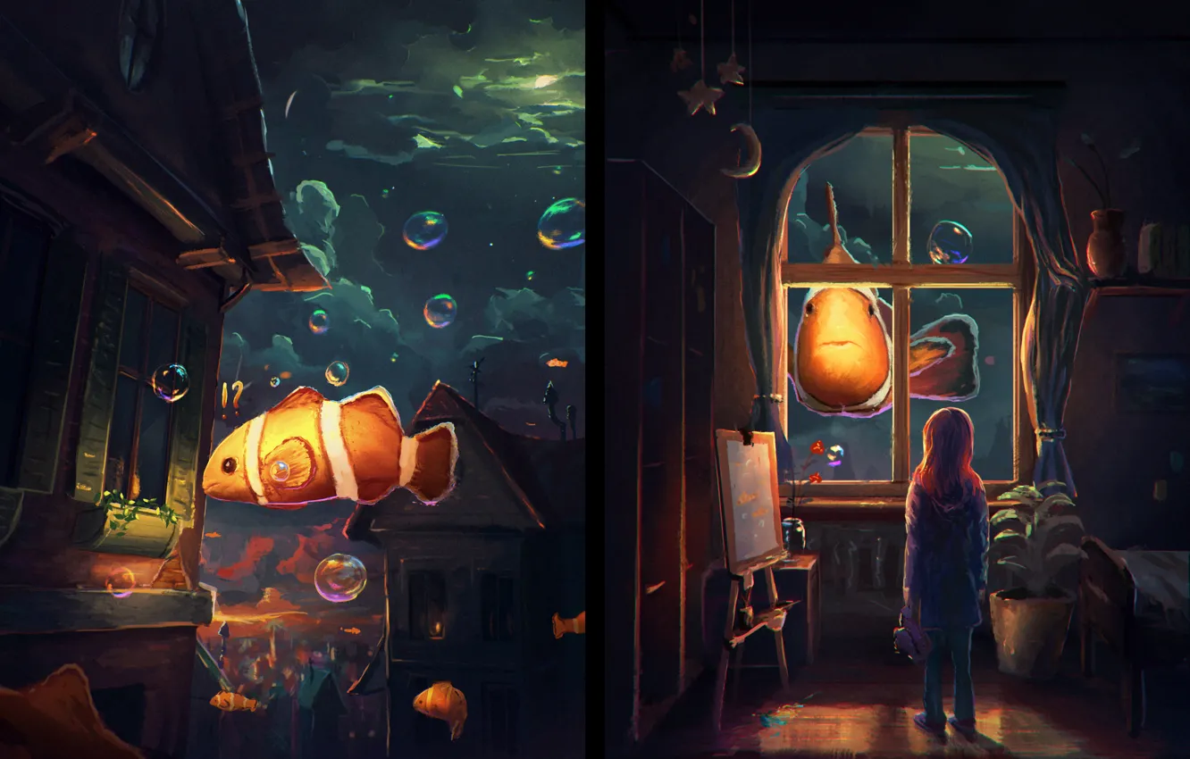 Фото обои вода, рыбки, комната, окна, арт, девочка, живопись