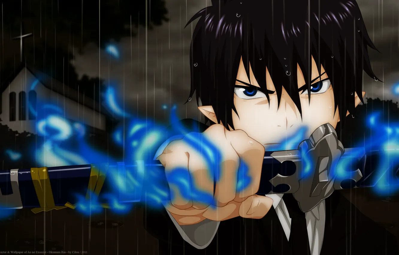 Фото обои фон, меч, милашка, рин, ao no exorcist, синий экзорцист, rin okumura, синее плямя