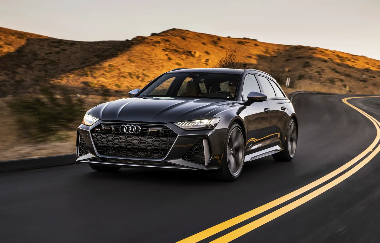 Фото обои Audi, холмы, универсал, на дороге, RS 6, 2020, 2019, тёмно-серый