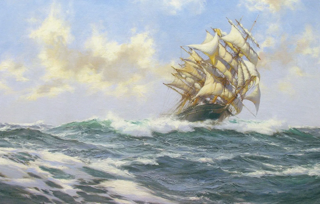 Фото обои море, волны, облака, корабль, парусник, Montague Dawson