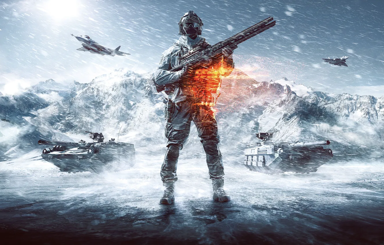 Фото обои снег, оружие, солдат, метель, экипировка, танки, самолёты, Battlefield 4