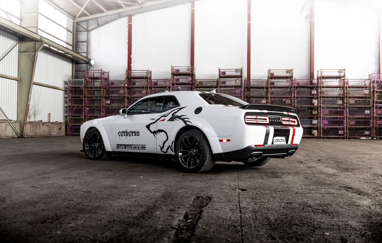 Фото обои белый, сзади, Dodge, Challenger, сбоку, GeigerCars, 2019, SRT Hellcat Cerberus