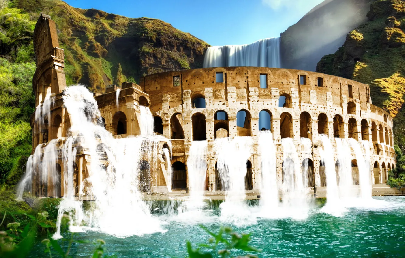 Фото обои зелень, вода, пейзаж, горы, водопад, Колизей