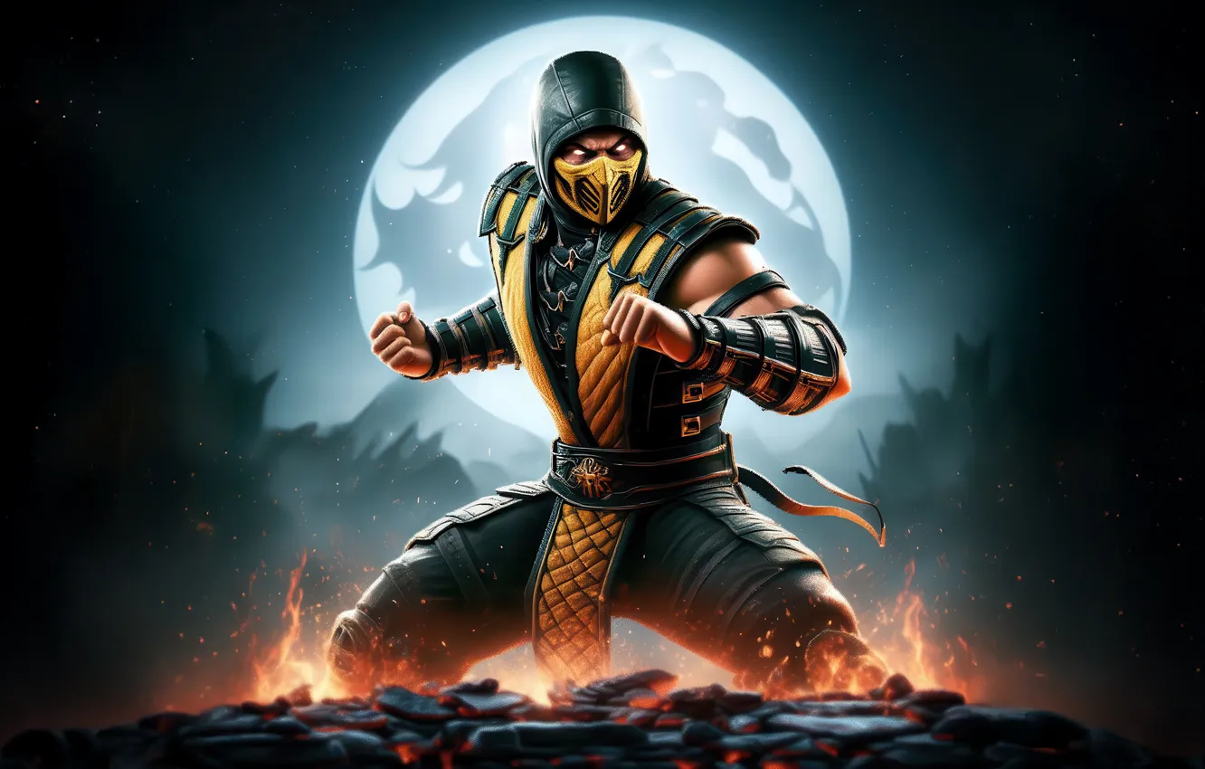 Фото обои Moon, Mortal Kombat, Scorpion, AI Art, AI Generated