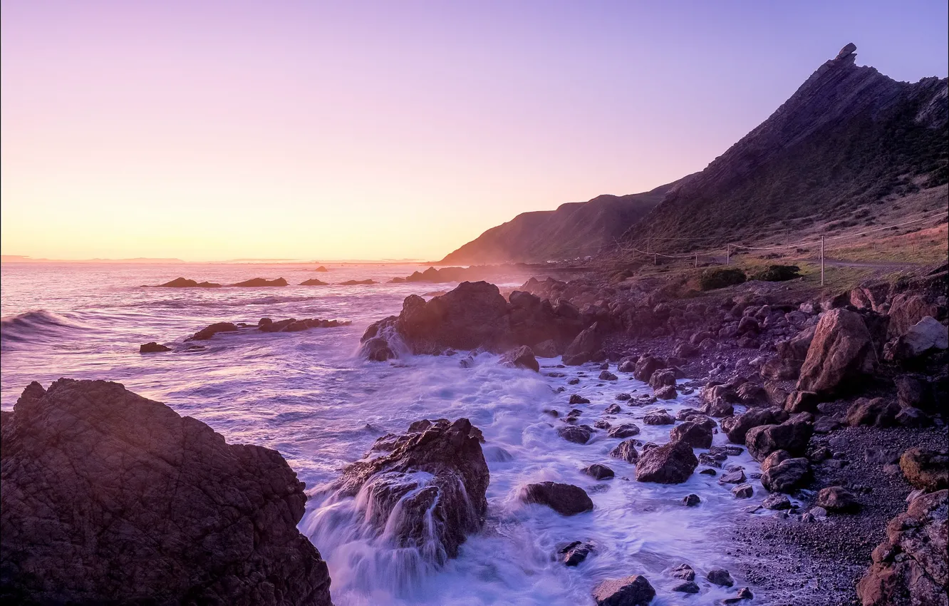 Фото обои волны, закат, океан, Новая Зеландия, New Zealand, Wellington, Cape Palliser