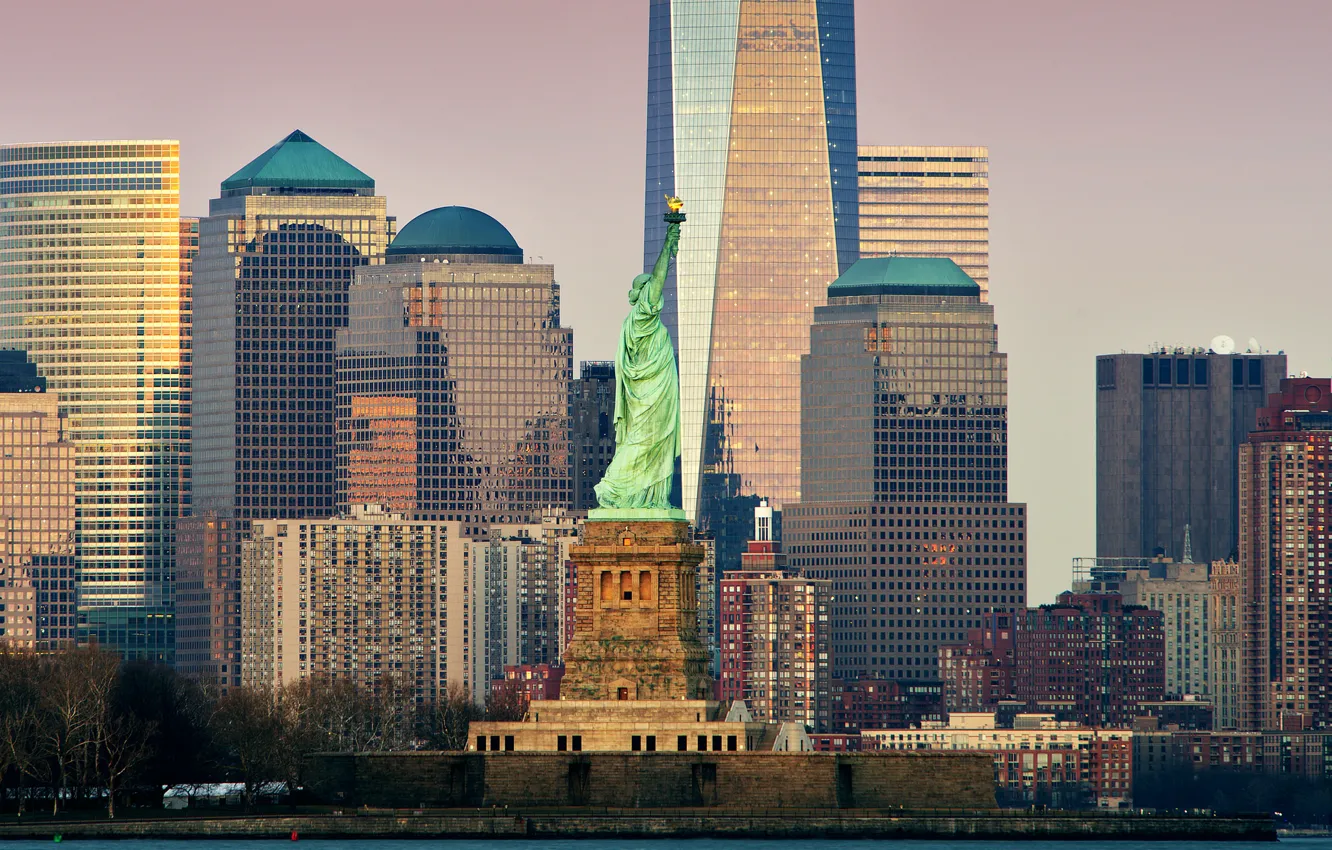 Фото обои небоскреб, дома, Нью-Йорк, США, Манхэттен, статуя Свободы