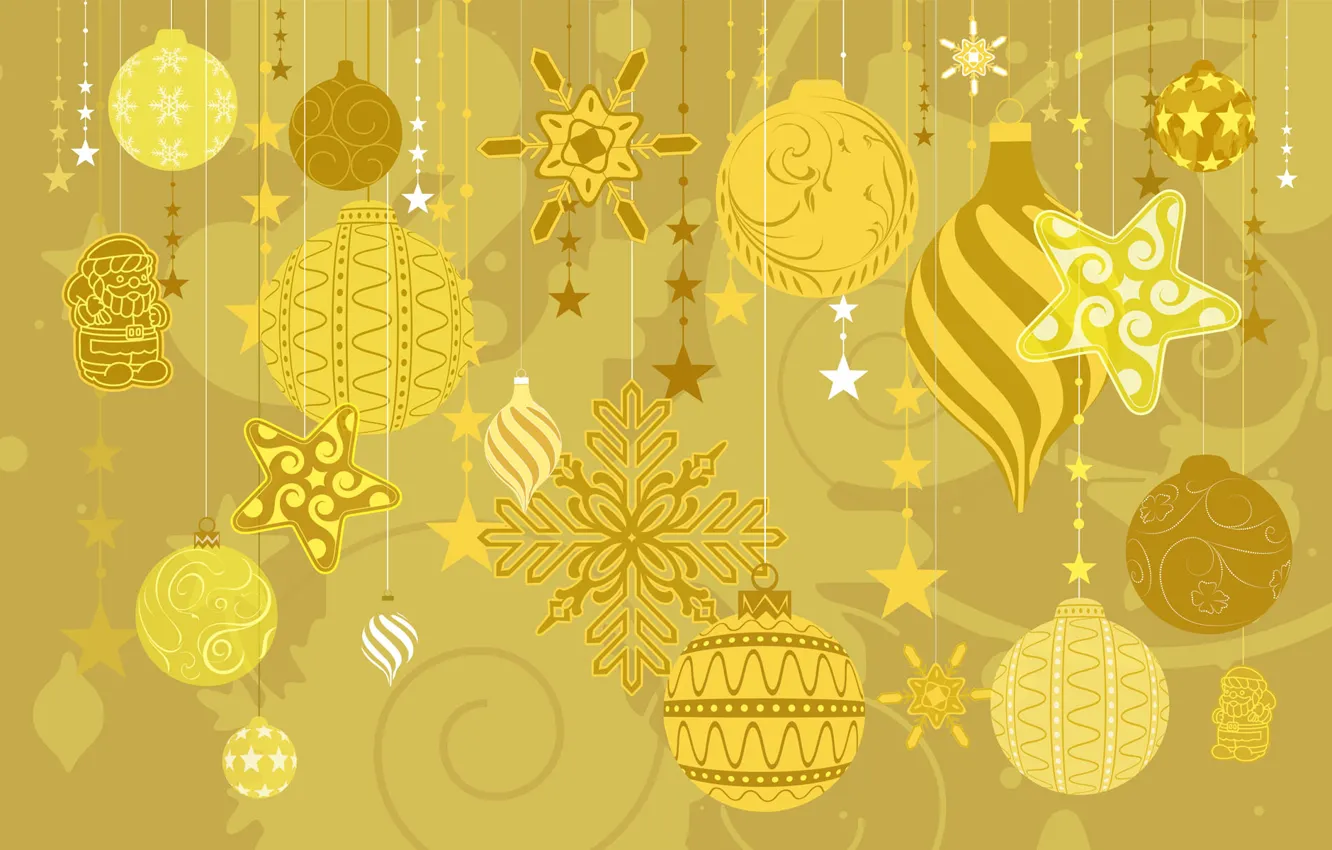 Фото обои зима, украшения, желтый, игрушки, елка, новый год, колокольчик, праздники