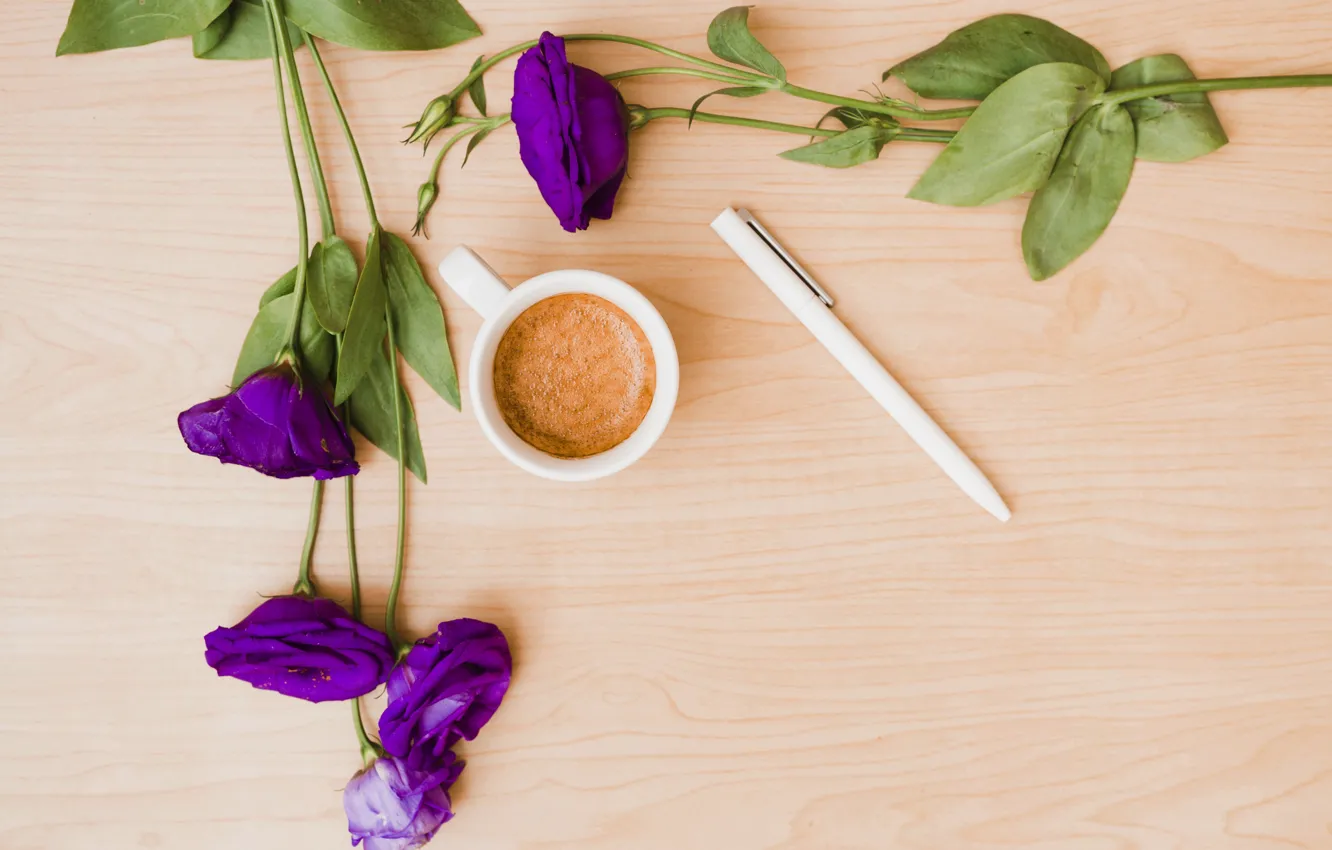 Фото обои цветы, flowers, coffee cup, purple, эустома, чашка кофе, eustoma