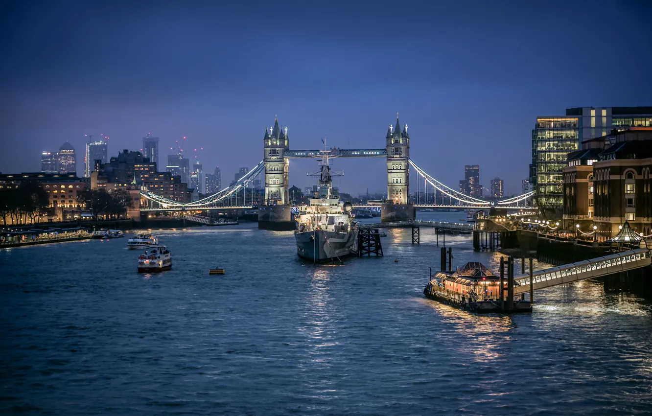 Фото обои мост, огни, река, Англия, Лондон, корабли, Темза, Tower bridge