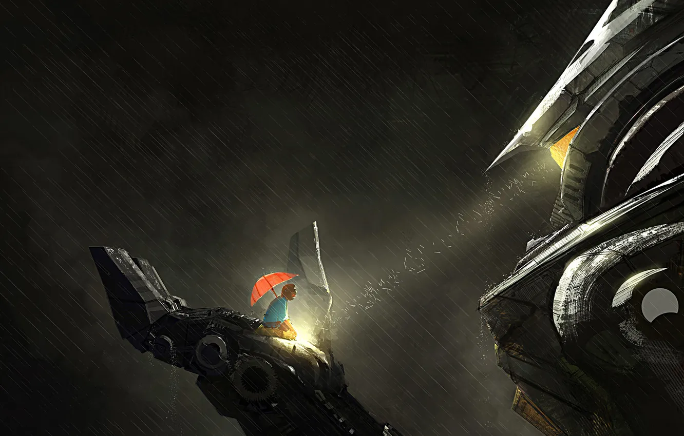 Фото обои дождь, человек, робот, зонт, арт, гигантский, pacific rim