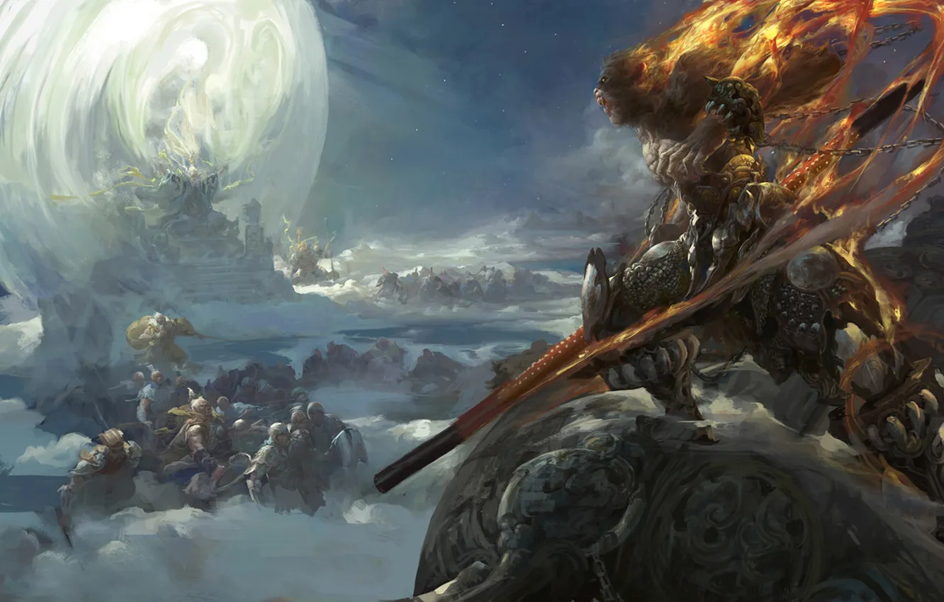 Фото обои небо, облака, огни, воин, арт