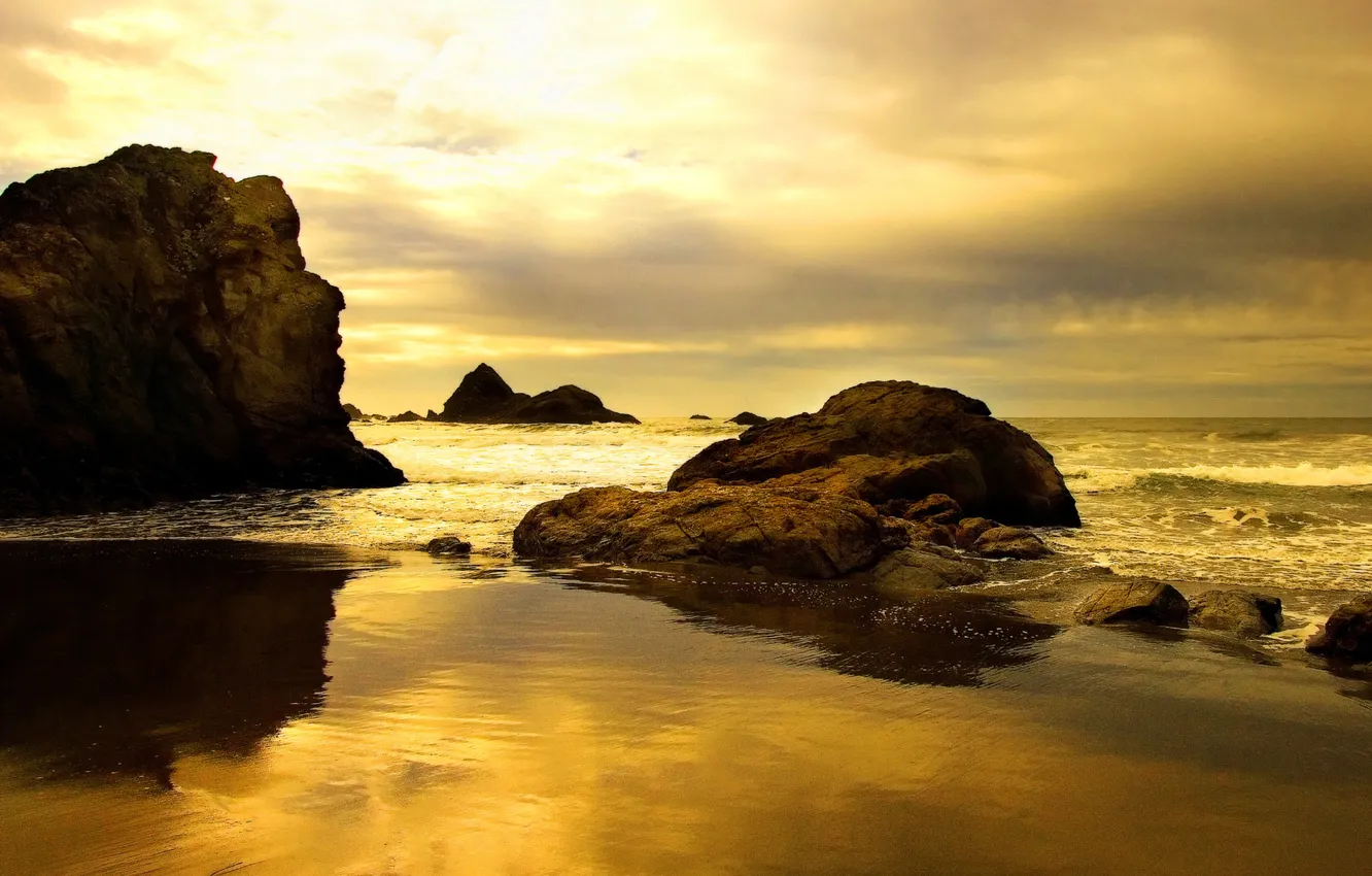 Фото обои закат, камни, настроение, берег, волна, тишина, вечер, прибой