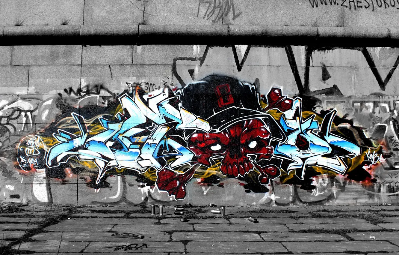 Фото обои стена, череп, Граффити, skull, graffiti, wild style, OTD crew