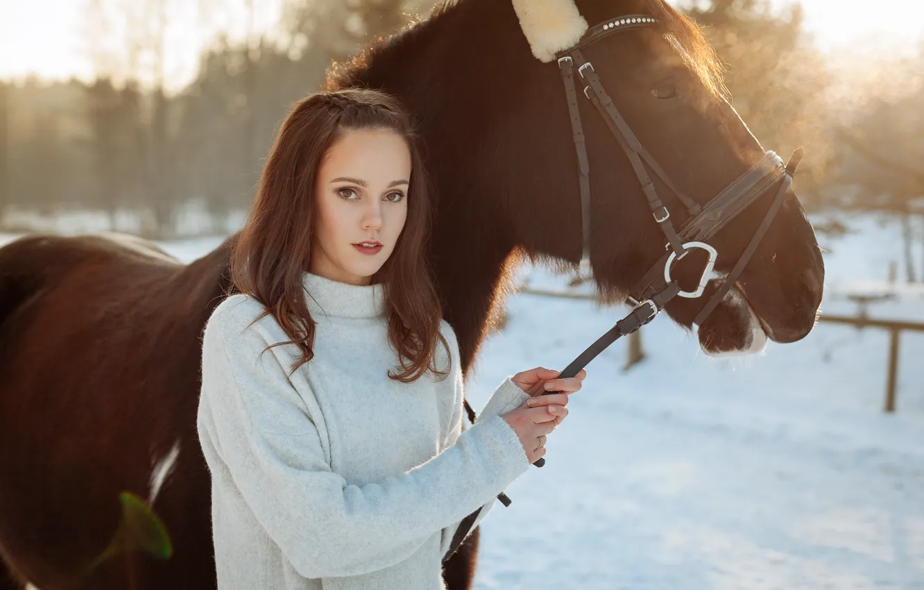 Фото обои зима, девушка, лошадь
