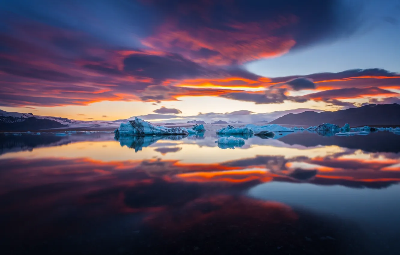 Фото обои море, небо, закат, краски, лёд, север, фьорд