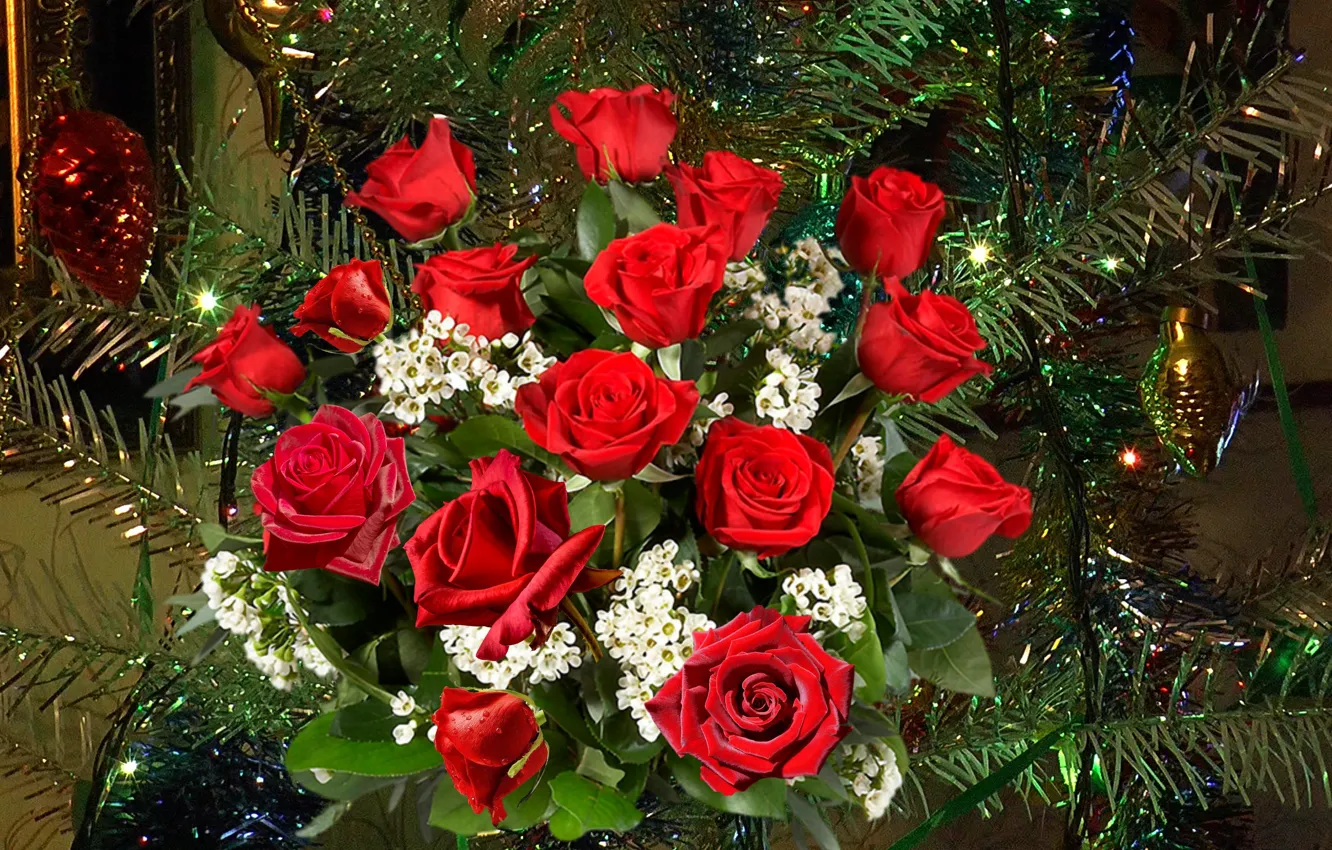 Фото обои розы, букет, Новый год, ёлка