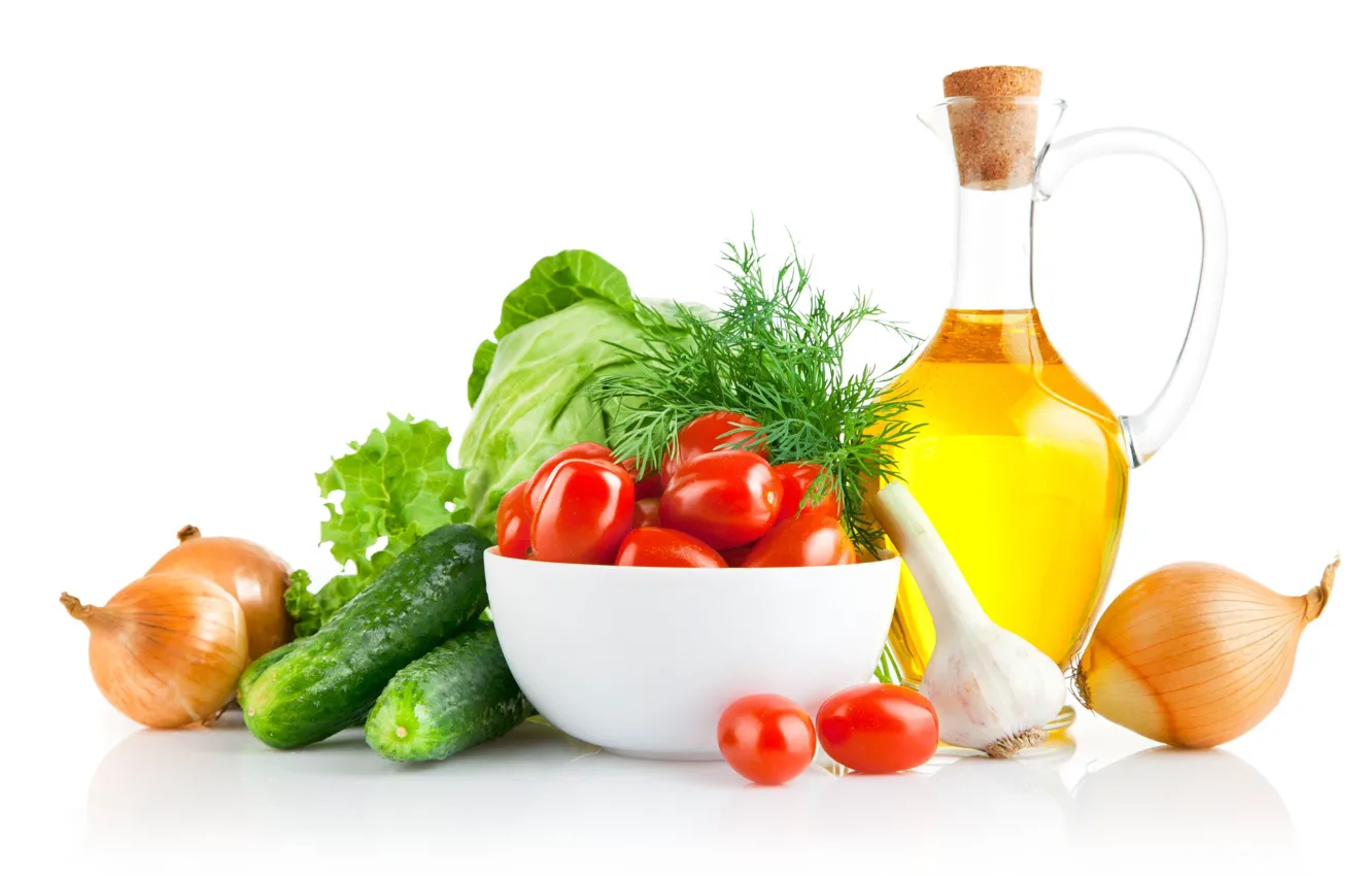 Фото обои лук, укроп, овощи, помидоры, капуста, огурцы, чеснок, оливковое масло