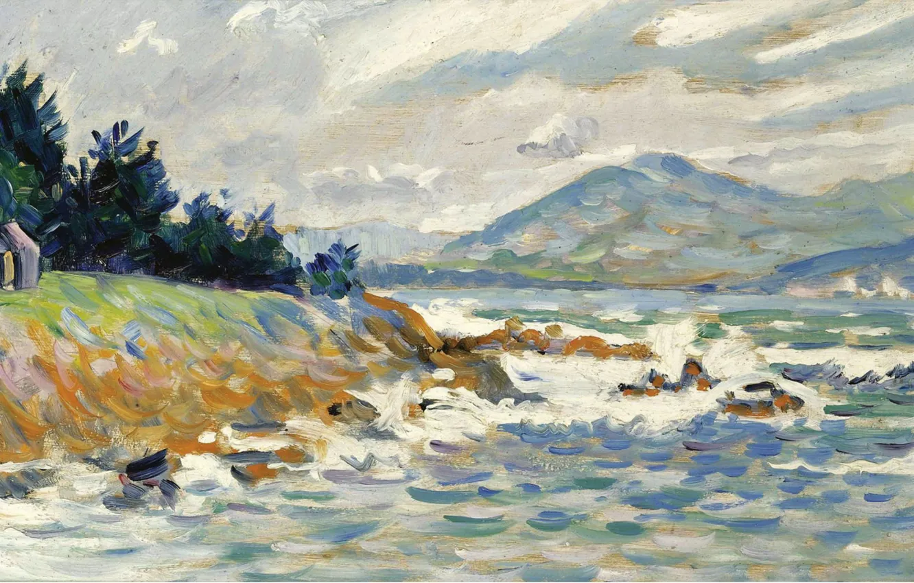 Фото обои пейзаж, картина, 1895, Поль Синьяк, Paul Signac, Сен-Тропе. Порыв Восточного Ветра