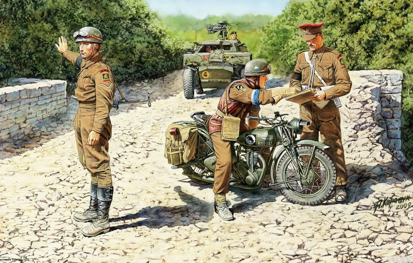 Фото обои мотоцикл, солдаты, военный, британский, Вторая мировая война, блокпост, Triumph 3HW