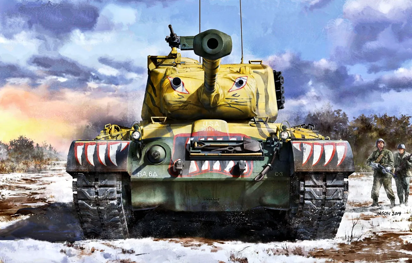 Фото обои Снег, Солдаты, США, Танк, US Army, Patton, Корейская война 1950—1953 годов, М46