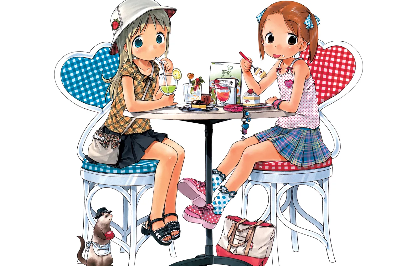 Фото обои девочки, аниме, арт, кафе, пирожное, Клубничный зефир, Ichigo Mashimaro