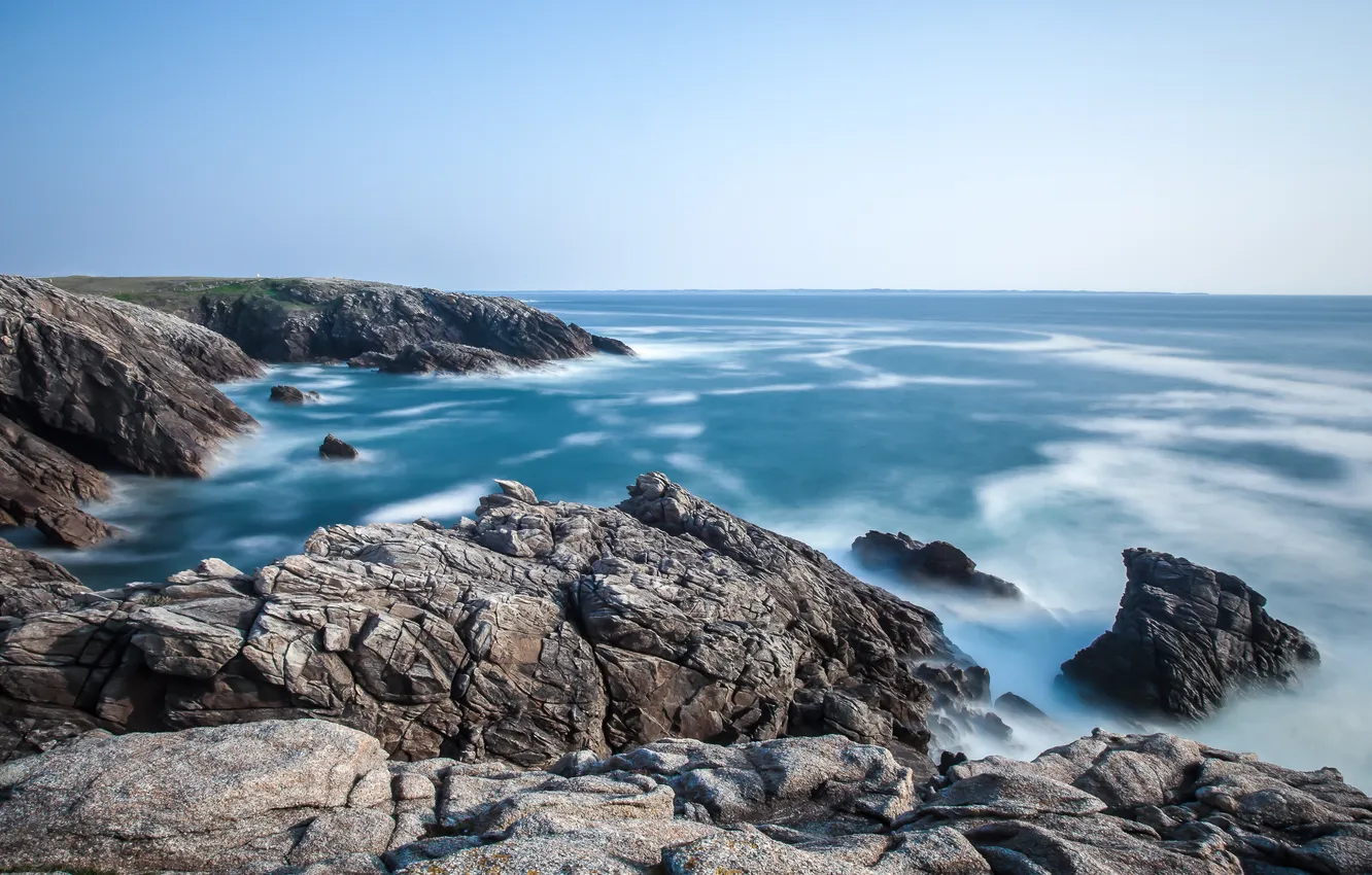 Фото обои волны, океан, прилив, Бретань, скалистый берег, «Дикий берег», полуостров Кибероа