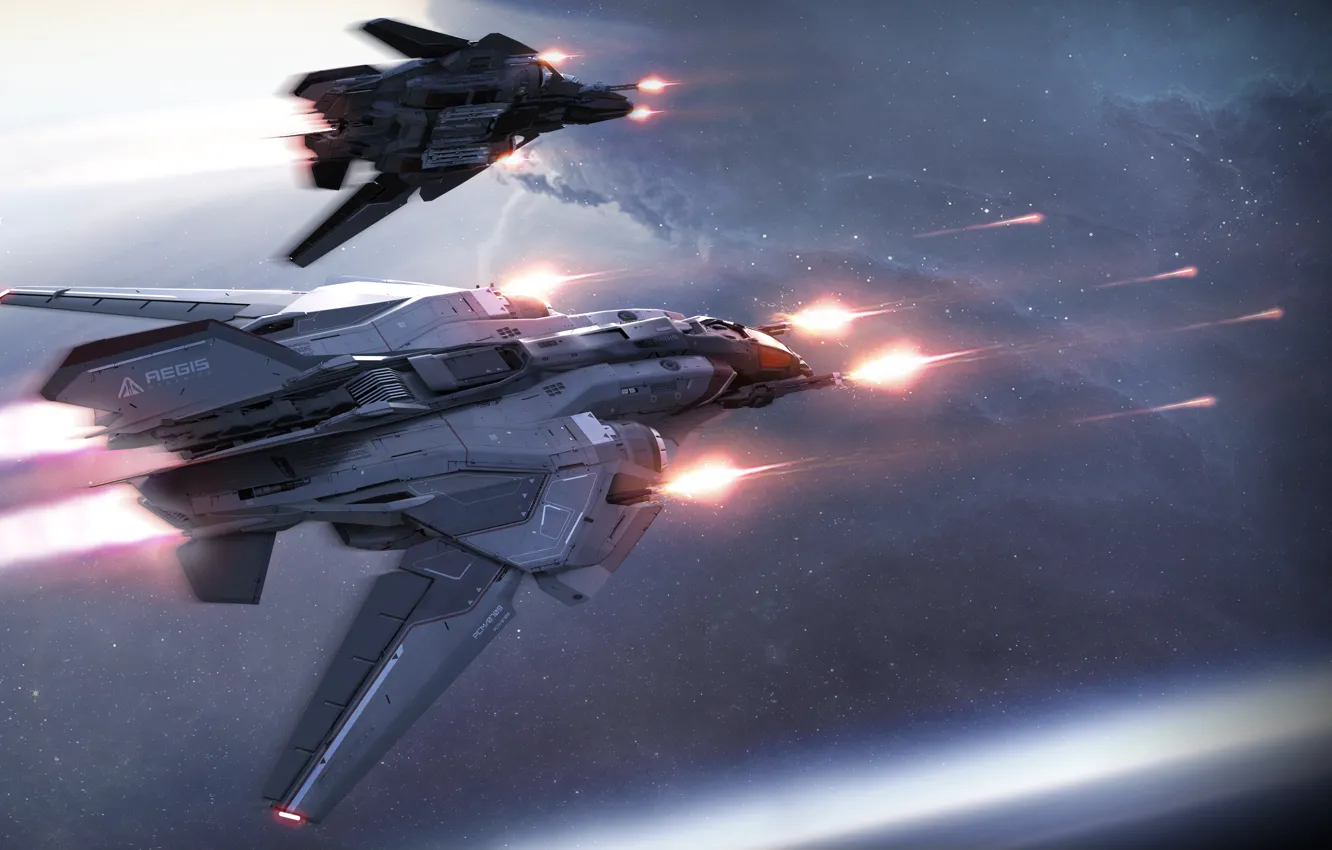 Фото обои Самолет, Огонь, Космос, Art, Game, Транспорт, Spaceship, Star Citizen