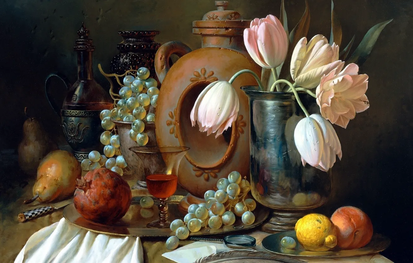 Фото обои натюрморт, Картина, цветы, фрукты, посуда