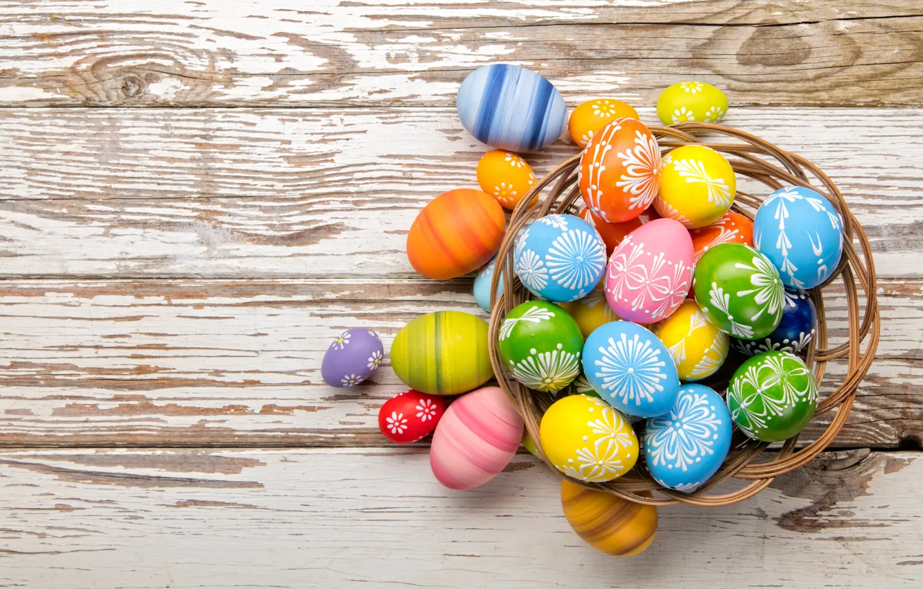 Фото обои корзина, colorful, Пасха, happy, wood, spring, Easter, eggs