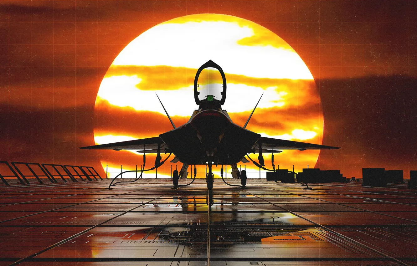 Фото обои Закат, Солнце, Самолет, Истребитель, F-22, Raptor, Рендеринг, F-22 Raptor
