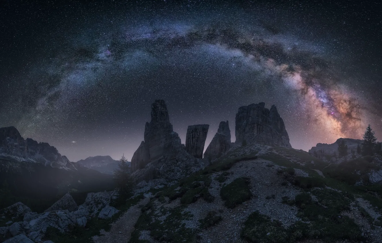 Фото обои звезды, горы, ночь, скалы, Альпы, Млечный Путь