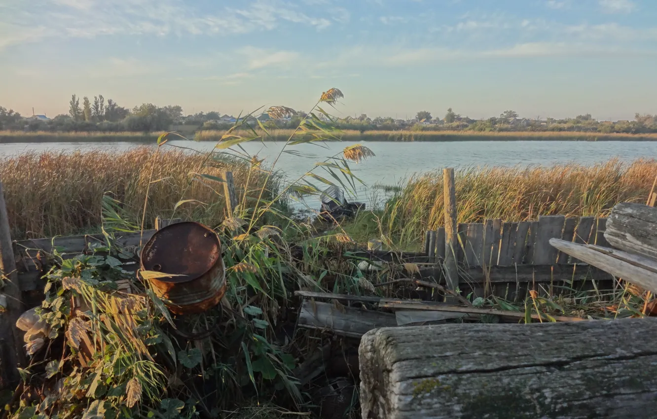 Фото обои Река, деревня, камыш, Астрахань