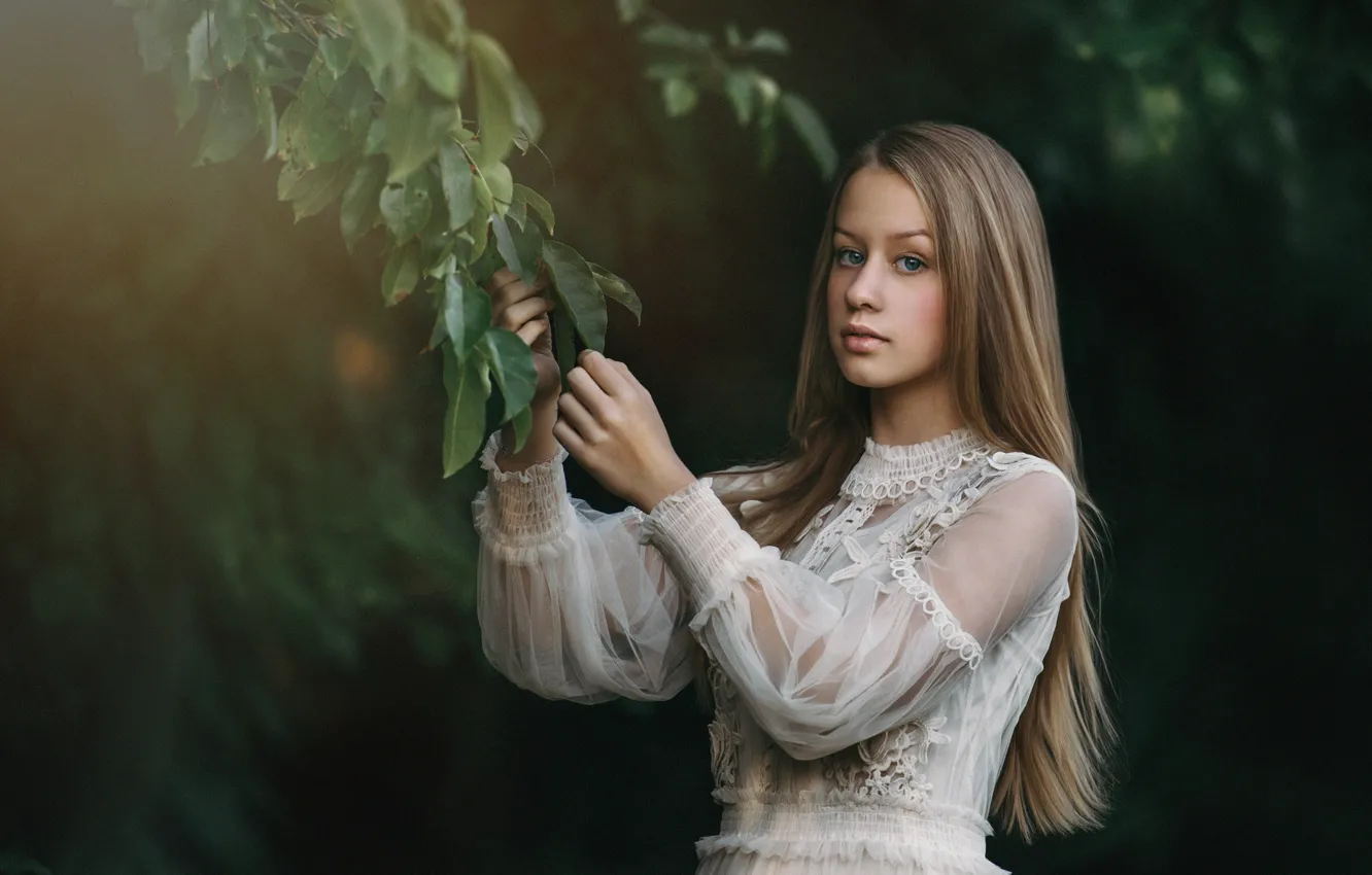 Фото обои взгляд, листья, девушка, ветки, русая, Ścigaj Anna