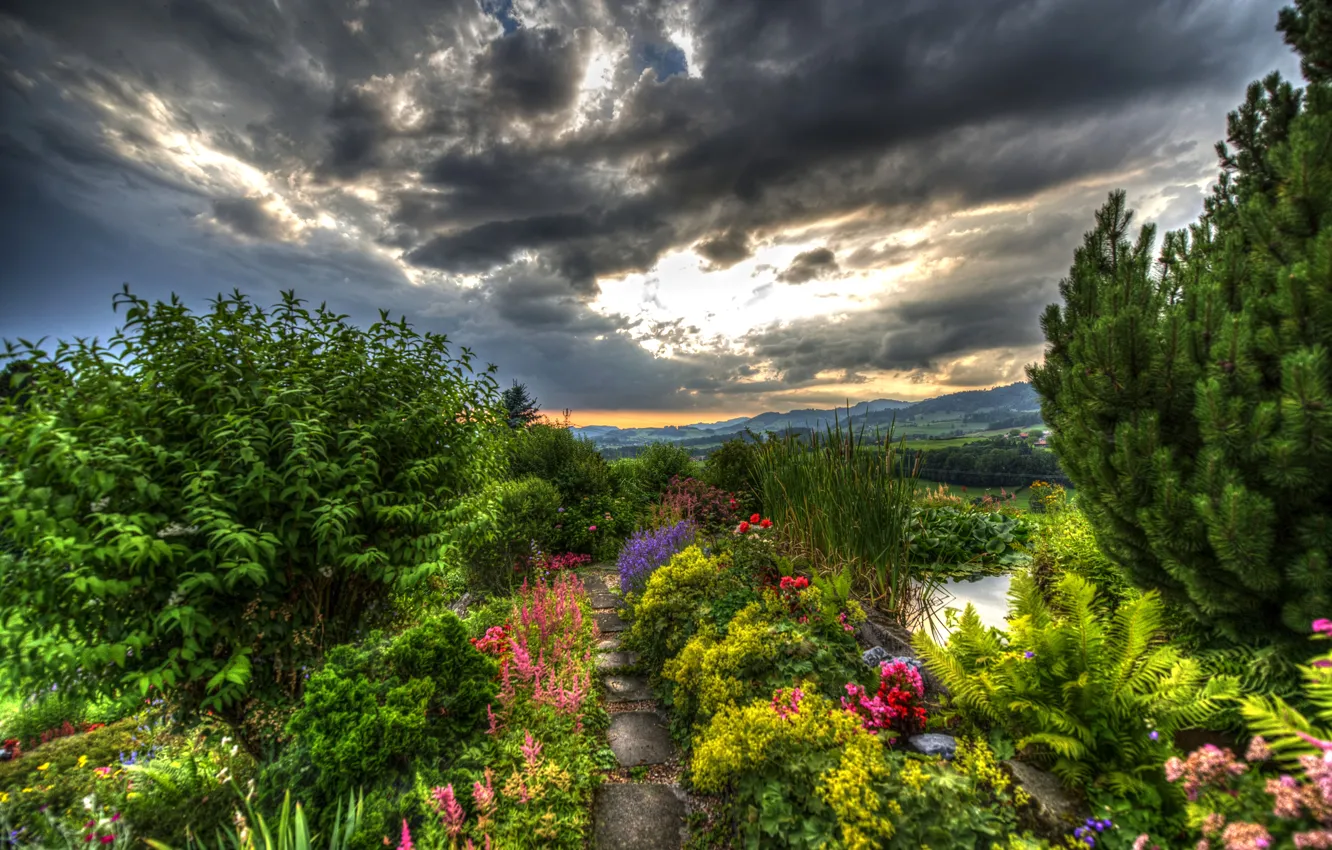 Фото обои зелень, пейзаж, цветы, горы, тучи, поля, HDR, Швейцария