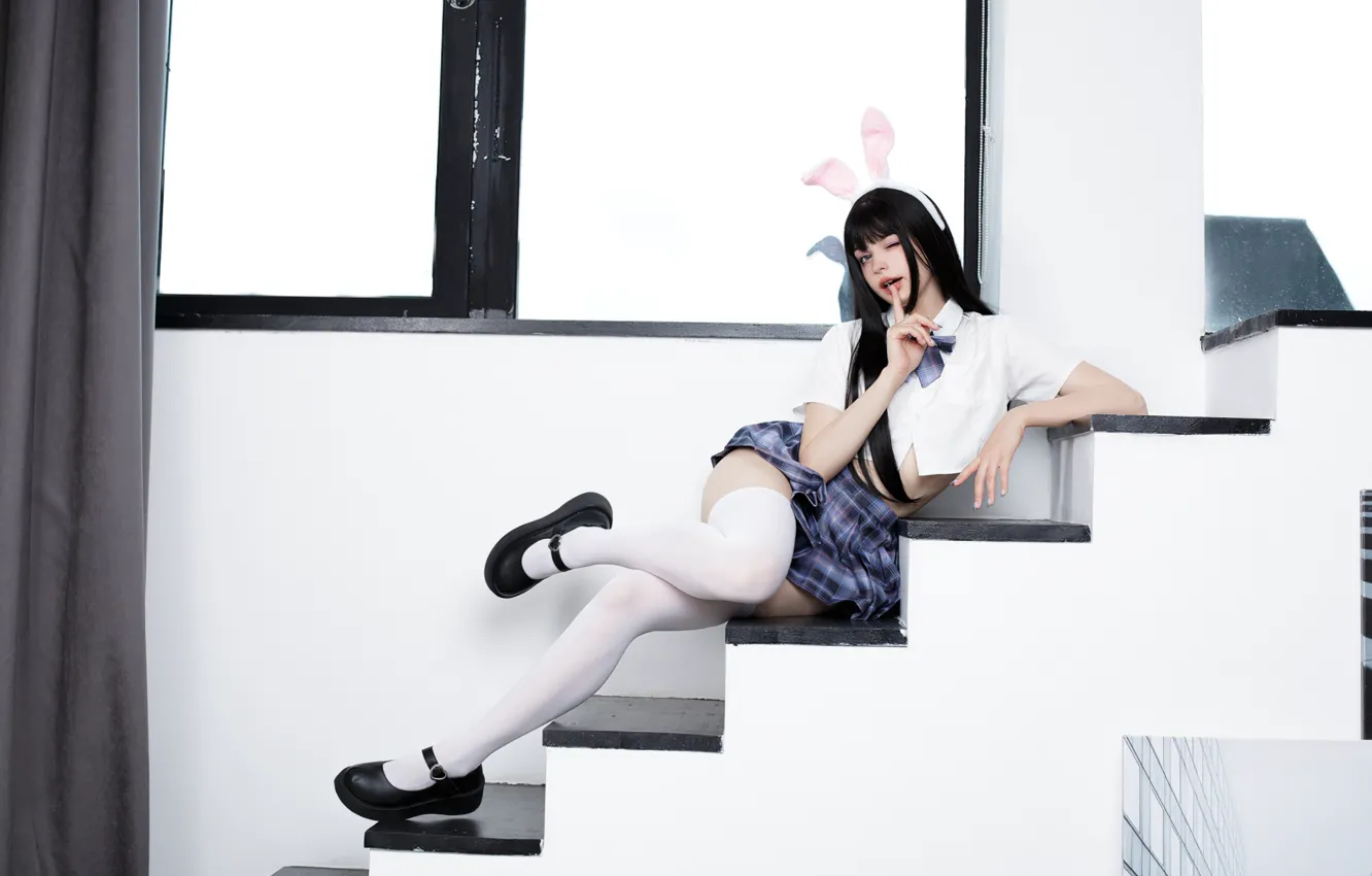 Фото обои school uniform, stockings, model, women, cosplay, brunette, shoes, stairs
