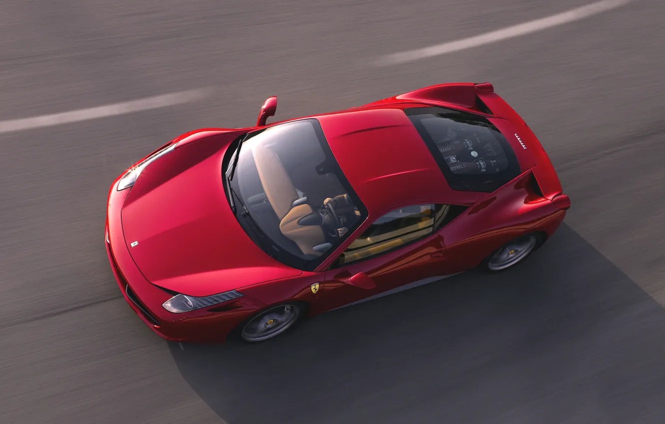 Фото обои Красный, Дорога, Машина, Асфальт, Капот, Ferrari, 458, Вид сверху