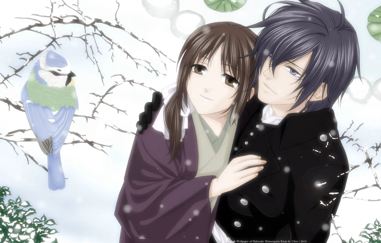 Фото обои зима, девушка, снег, дерево, птица, пара, парень, Saito Hajime