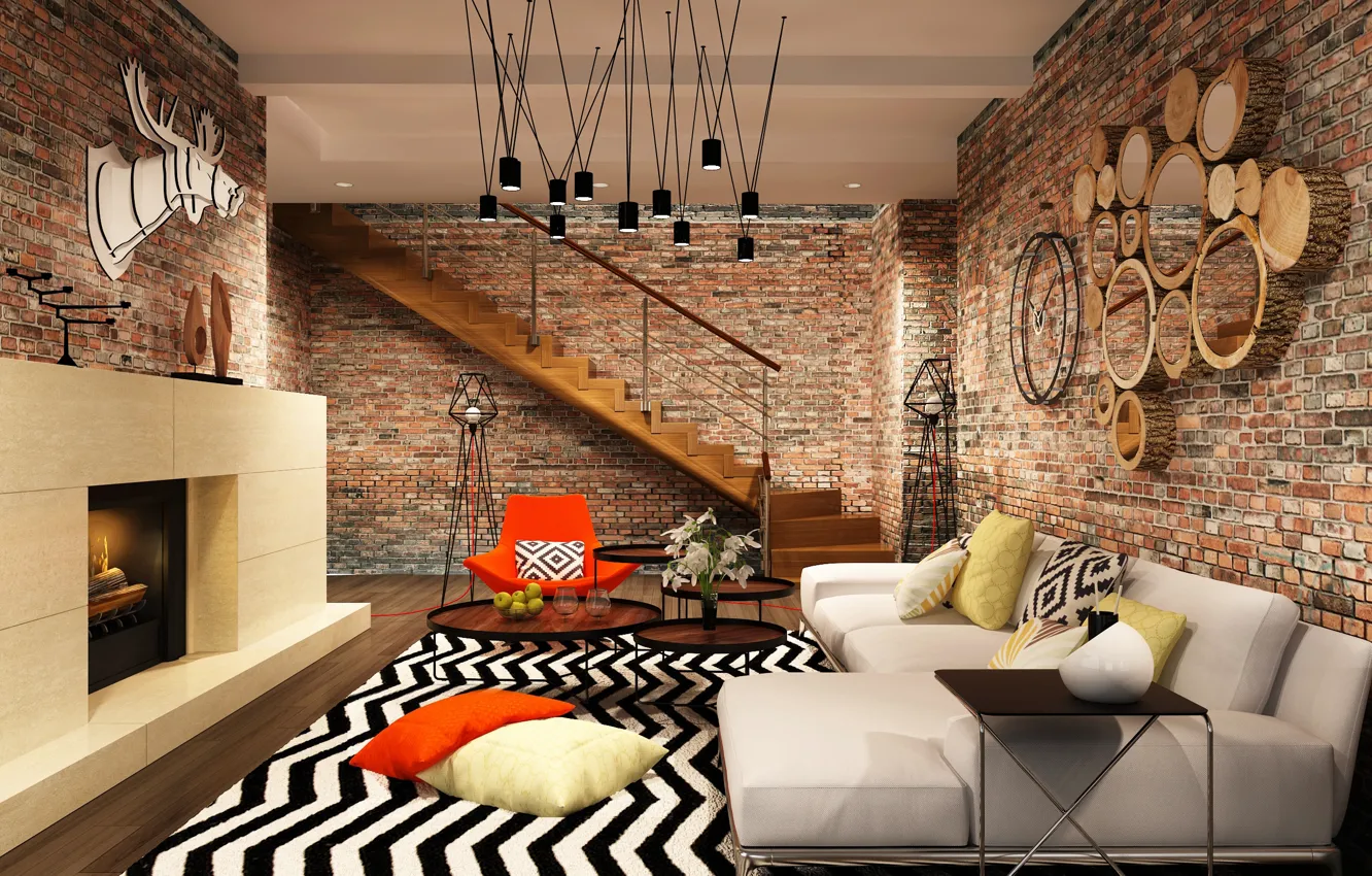 Фото обои диван, стена, ковер, кирпич, подушки, лестница, камин, Design