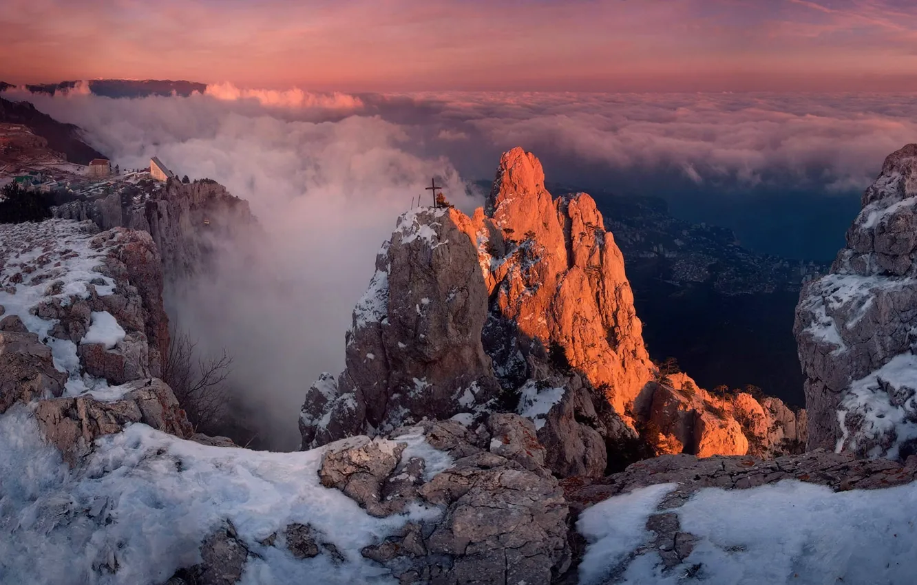 Фото обои зима, облака, горы, Крым, Ай-Петри, Ялта, Гаспра