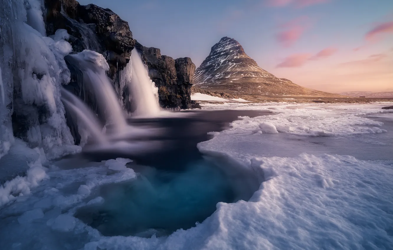 Фото обои лед, зима, природа, река, гора, водопад