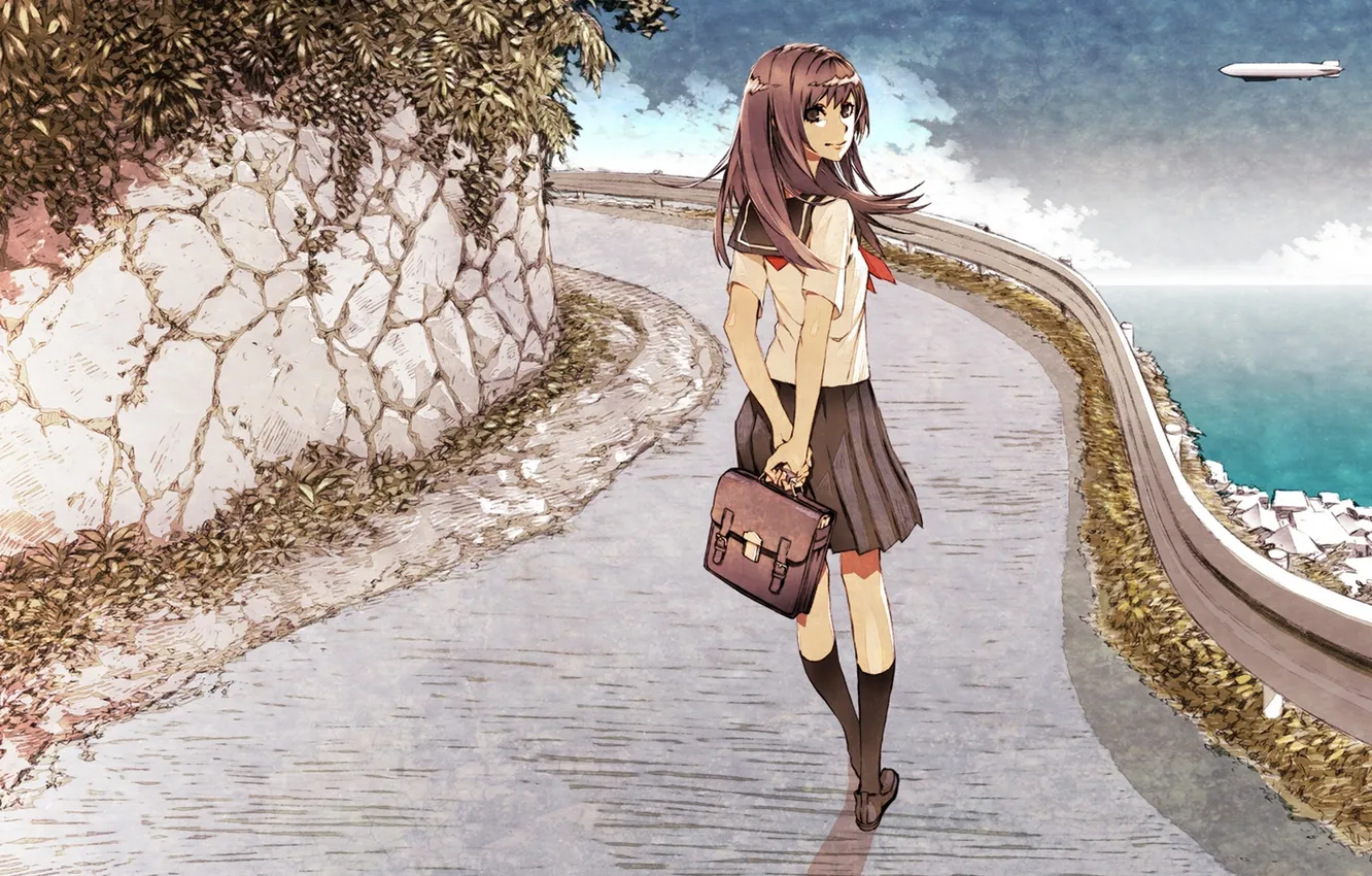 Фото обои небо, девушка, аниме, арт, форма, школьница, портфель, miwa shirow