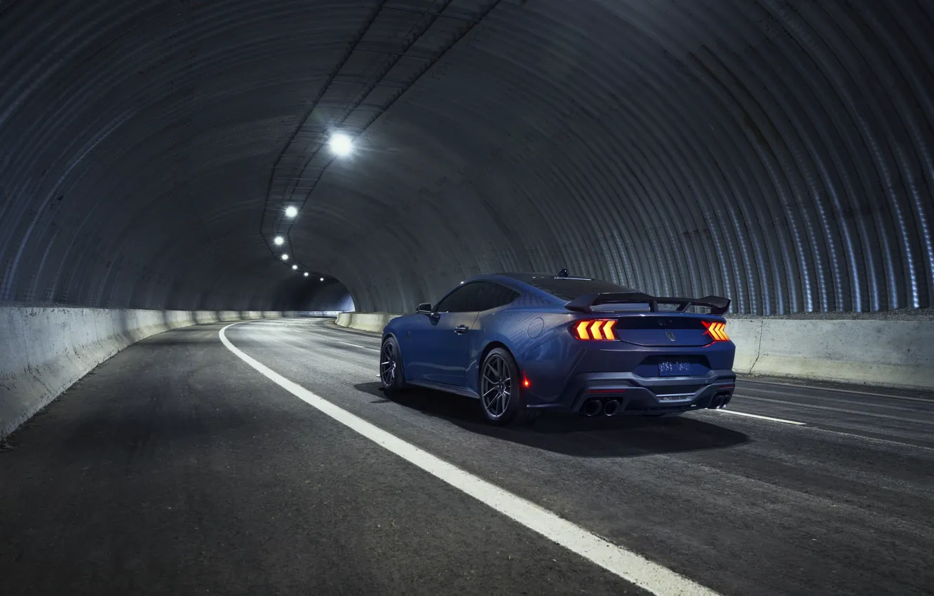 Фото обои Mustang, Ford, Ford Mustang, Blue, Road, Rear, 2024, Dark Horse