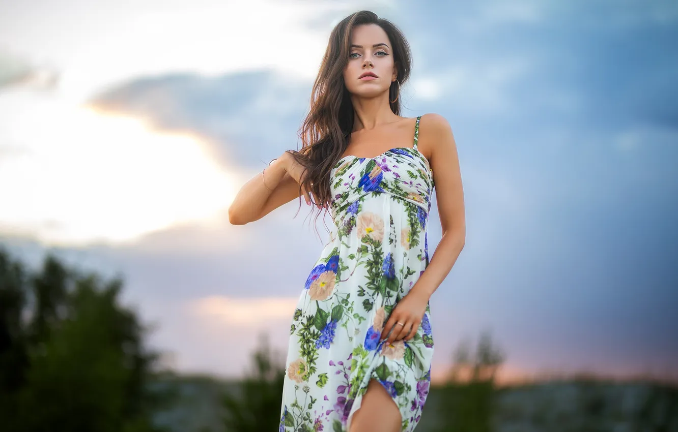 Фото обои девушка, sky, dress, trees, nature, clouds, model, brunette